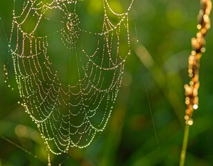 Dew-kissed spiderweb in morning light (1)