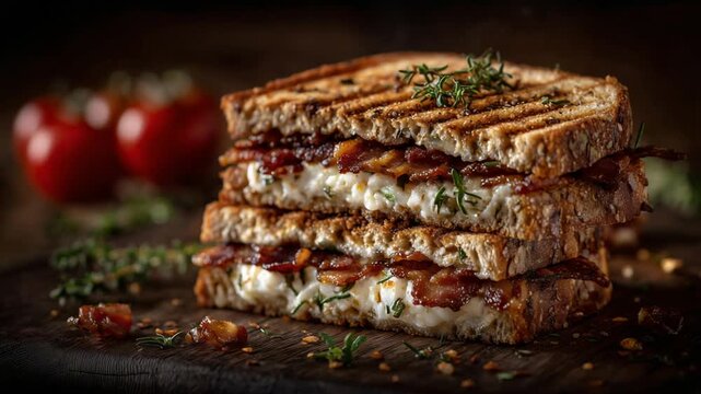 Indulge in a gourmet BLT sandwich, artfully presented on dark wood, with inviting textures and a sprinkle of herbs and crumbs.