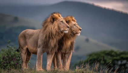 Two lions stand alert on a grassy hilltop.