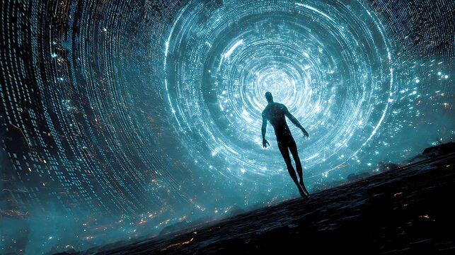 epic wide shot digital oracle, humanoid silhouette woven from binary light, holographic data spirals and glowing runes orbiting, cyberpunk glitch art, sci-fi conceptual design 