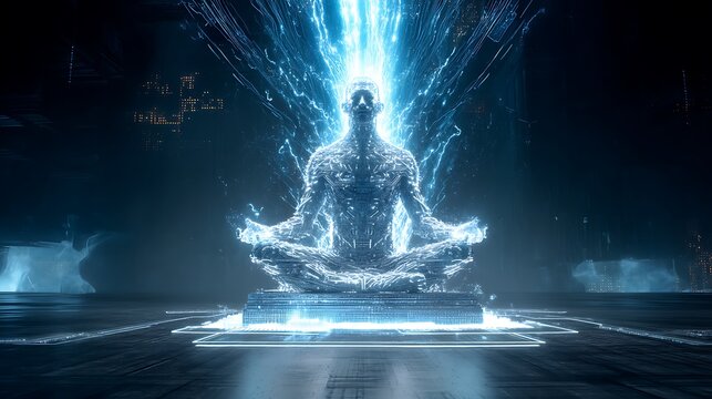 futuristic deity seated on glowing circuit throne, body of neon code and luminous microchip patterns, streams of data forming prophetic symbols in midair, cinematic sci-fi 