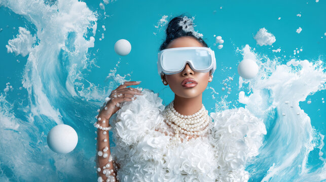 A stylish individual in a dramatic, wave-themed outfit, wearing futuristic goggles, surrounded by swirling water and white spheres against a vibrant blue backdrop.