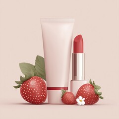Cosmetic beauty concept with a red lipstick and a blank cosmetic tube surrounded by fresh strawberries on a light background. Perfect for skincare, makeup, and healthy lifestyle visuals.
