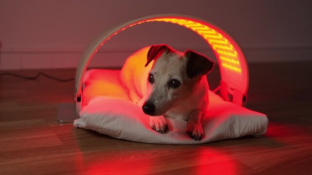 Dog red and infrared light LED panel for pet. Cute dog relaxing during home treatment. therapeutic light therapy for old pet Jack Russell terrier. Horizontal video footage