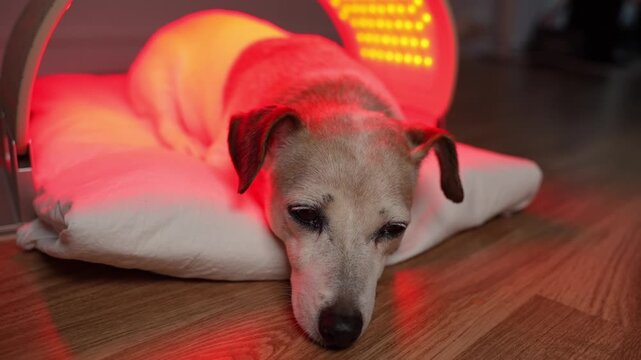 Dog red and infrared light LED panel for pet. Cute dog relaxing during home treatment. therapeutic light therapy for old pet. Horizontal video footage