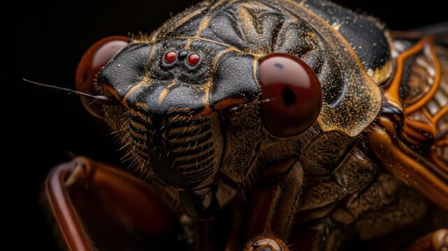 Closeup of cicada in motion: detailed insect study capturing intricate patterns and movements