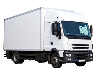 Front Angle View of White Box Truck with Shadows, Transparent PNG
