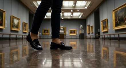 Obraz premium Wide angle perspective of person walking through large art museum hall wearing black loafers and jeans, view of classical art gallery