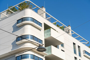 Modern new construction white residential buildings with balconies in Vienna