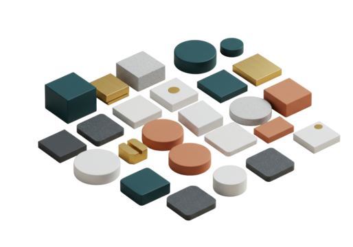 Precisely arranged geometric, abstract elements in corporate colors on clean studio flat lay, negative space, top-down, concept of strategic choices and business solutions