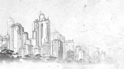 Fototapeta premium Dreamy city sketch featuring tall buildings fading into mist, with rough line work