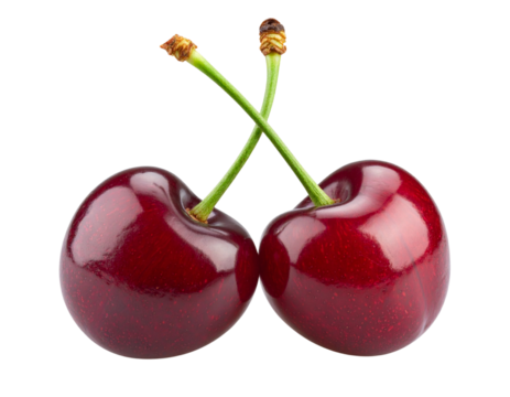 Pair of Cherries with Glossy Surface and Stems Crossed, Transparent PNG