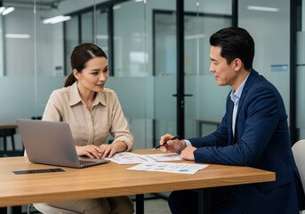 Fototapeta premium Two people in an office reviewing documents with a laptop on a wooden table in a meeting room