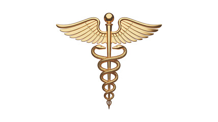 Golden Caduceus medical symbol with wings and snakes on white background health healthcare