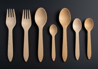 Arrangement of wooden forks and spoons of varying sizes on a plain surface for a clean aesthetic