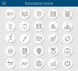 Education icons set with science, graduation, globe, books, school, art, music, sports, learning, and study symbols. Perfect for academic, teaching, and educational design projects.Vector illustration