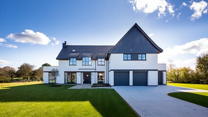 Fototapeta premium Modern european style house with steep roof and double garage