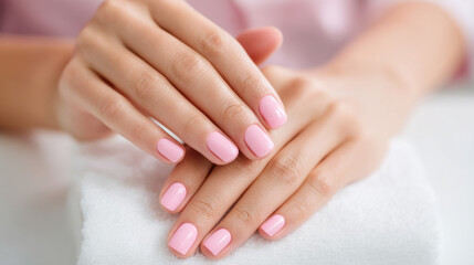 Naklejka premium Elegant hands with freshly manicured pink nails resting on a soft towel, suggesting a relaxing beauty treatment atmosphere.