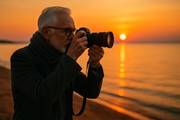 Senior man photographing beautiful sunset over sea from sandy beach.