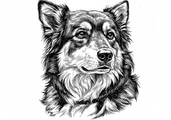 Fototapeta premium Detailed ink drawing of a dog with fluffy fur and expressive eyes on a plain light surface art