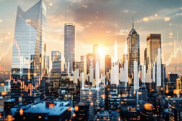 Futuristic financial graph overlays on modern city skyline at sunset illustrating global business and stock market concept in urban environment. Ai generative
