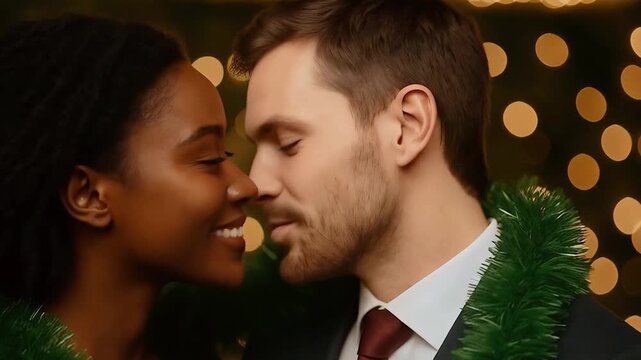 Young black woman and white man smiling closely together wearing one Christmas garland around their shoulders - romantic multicultural couple enjoying holiday celebration