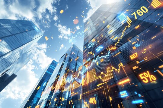 Futuristic business concept of stock market data and analytics displayed on glass skyscrapers in a financial district with a bright sky background. Ai generative