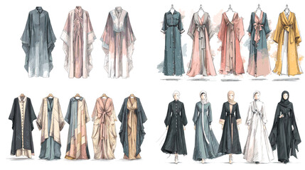 Elegant illustrated collection of abayas and kaftans in modern and traditional styles, featuring flowing fabrics, long dresses, and modest Muslim women’s fashion.