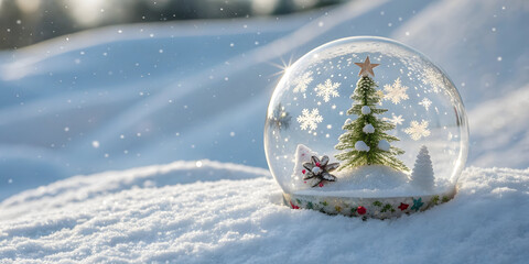 Close up of a glass snow globe with a miniature Christmas tree and snowflakes inside resting in fresh snow