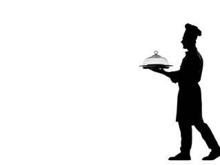 A silhouette of a male chef in a chef coat carrying a covered dish on a tray, exuding professionalism and culinary art.