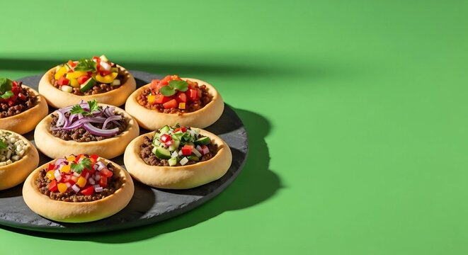 Open Sfiha food&ndash; Traditional and Gourmet Middle Eastern Flatbreads Esfiha, Sfiha with space for text - negative space, esfiha in packaging for delivery, mini esfiha