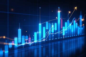 Abstract financial chart with glowing bars, dynamic arrows, and data curves representing business growth concept on dark blue digital background. Ai generative
