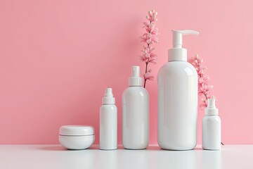 White cosmetic containers arranged against a pink background.
