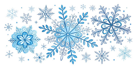 Collection of blue watercolor snowflakes and decorative elements on a white background