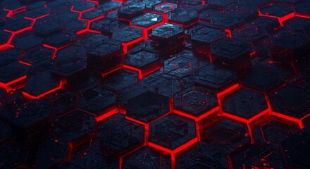 Glowing red lines illuminate dark hexagonal grid abstract background. AI Generated