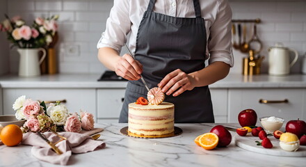pastry chef decorating cake in her kitchen