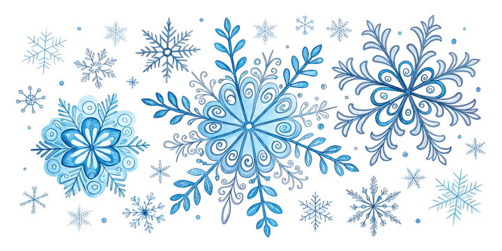 Collection of blue watercolor snowflakes and decorative elements on a white background