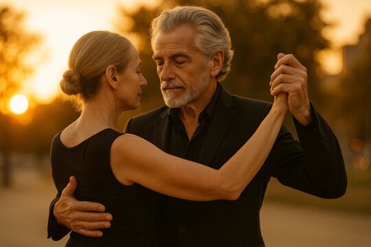 Elegant senior couple dancing together outdoors at golden sunset in formal attire.