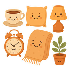 Illustration of cozy home elements with cute faces isolated on white background
