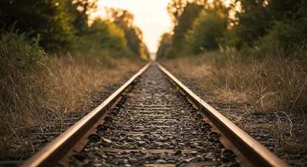 Obraz premium Symmetrical View of Train Tracks Receding into Distant Forest during Sunset, Conceptual Image of Journey, Direction and Future Growth