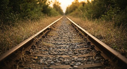 Fototapeta premium Close Up Ground Level View of Rusty Railroad Tracks with Overgrown Wildflowers and Grass, Warm Sunset Lighting on Industrial Train Rail