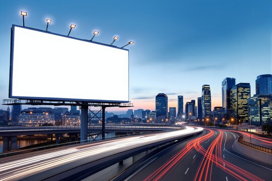 Blank billboard mockup above highway with city skyline and light trails at dusk, perfect for business advertising template or poster design concept. Ai generative