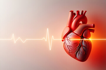 Realistic human heart with glowing electrocardiogram line organ medical