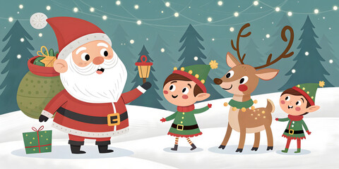 Fototapeta premium Cute cartoon Santa Claus reindeer and elves in snowy forest with Christmas lights image
