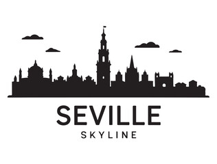 Obraz premium Seville city skyline. Black cityscape. Vector banner. Vector black silhouette. with white background