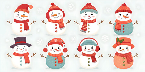Eight cute snowmen wearing winter hats and scarves in various outfits on a light blue background with snowflakes