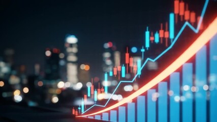 Nighttime cityscape with a vibrant upward financial graph illustrating growth and success - Powered by Adobe