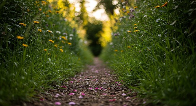 Low Angle View of a Narrow Garden Trail Covered in Pink Petals, Selective Focus on Dreamy Sun-Drenched Wildflowers and Green Grass