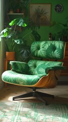 Serene Green Living Room with Tropical Eames Lounge Chair