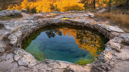 Serene Autumn Reflection in a Rocky Pool
